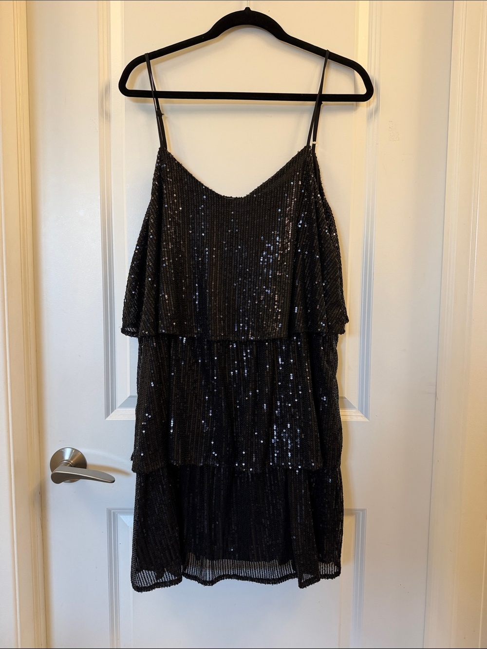 Black Sequin Tiered Party Dress - Sleeveless Spaghetti Strap